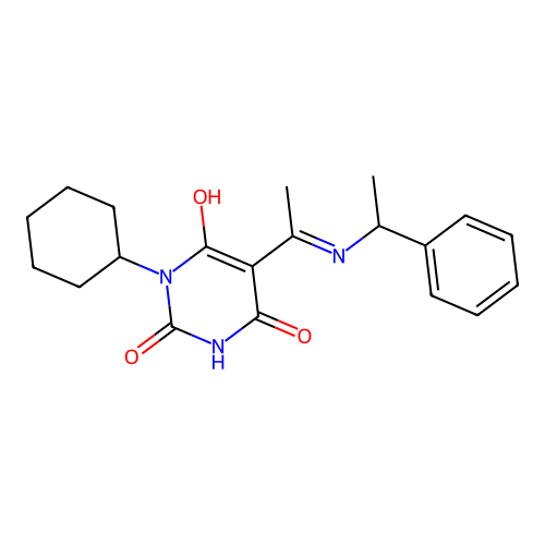 (Z)-1-cyclohexyl-5-(1-((1-phenylethyl)amino)ethylidene)pyrimidine-2,4,6(1H,3H,5H)-trione structure