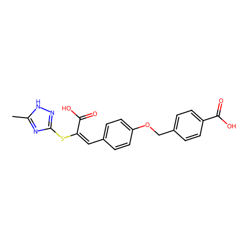 (E)-4-((4-(2-carboxy-2-((5-methyl-4H-1,2,4-triazol-3-yl)thio)vinyl)phenoxy)methyl)benzoic acid structure