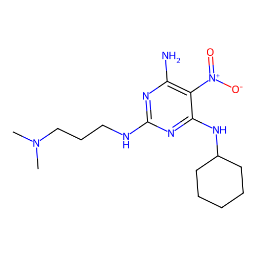 N4-cyclohexyl-N2-(3-(dimethylamino)propyl)-5-nitropyrimidine-2,4,6-triamine structure