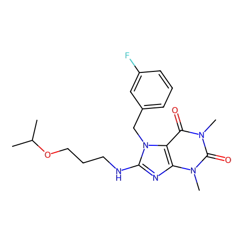 7-[(3-fluorophenyl)methyl]-1,3-dimethyl-8-(3-propan-2-yloxypropylamino)purine-2,6-dione structure