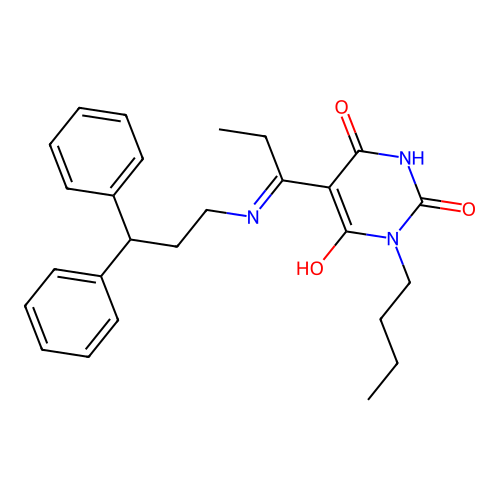 1-butyl-5-[1-(3,3-diphenylpropylamino)propylidene]-1,3-diazinane-2,4,6-trione structure