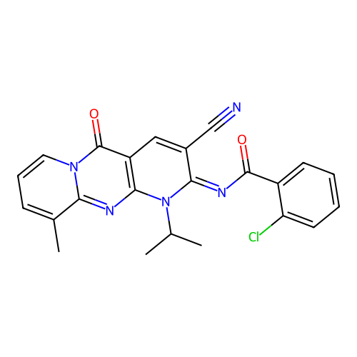 (E)-2-chloro-N-(3-cyano-1-isopropyl-10-methyl-5-oxo-1H-dipyrido[1,2-a:2',3'-d]pyrimidin-2(5H)-ylidene)benzamide structure