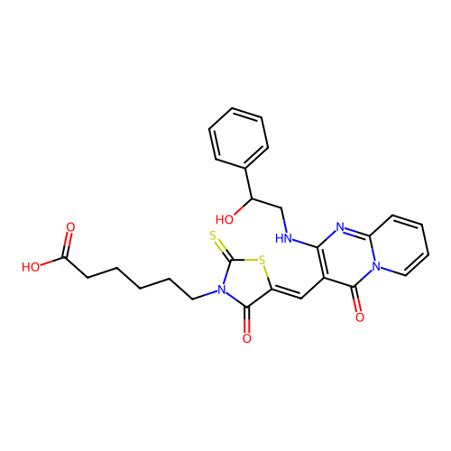 (Z)-6-(5-((2-((2-hydroxy-2-phenylethyl)amino)-4-oxo-4H-pyrido[1,2-a]pyrimidin-3-yl)methylene)-4-oxo-2-thioxothiazolidin-3-yl)hexanoic acid structure