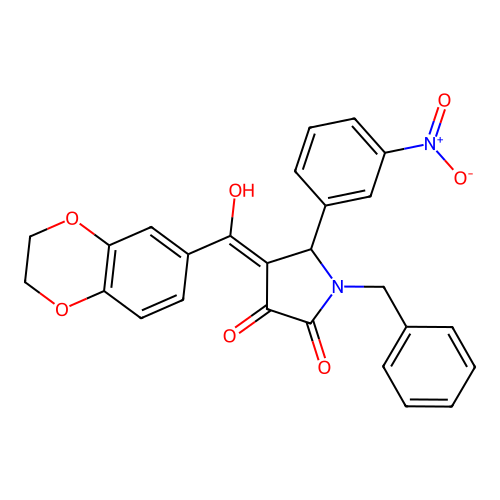 (4E)-1-benzyl-4-[2,3-dihydro-1,4-benzodioxin-6-yl(hydroxy)methylidene]-5-(3-nitrophenyl)pyrrolidine-2,3-dione structure