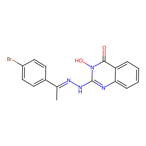 (E)-2-(2-(1-(4-bromophenyl)ethylidene)hydrazinyl)-3-hydroxyquinazolin-4(3H)-one structure