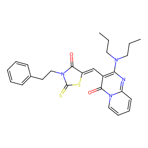 2-(dipropylamino)-3-{(Z)-[4-oxo-3-(2-phenylethyl)-2-thioxo-1,3-thiazolidin-5-ylidene]methyl}-4H-pyrido[1,2-a]pyrimidin-4-one structure