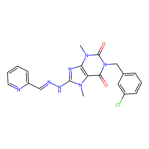 (E)-1-(3-chlorobenzyl)-3,7-dimethyl-8-(2-(pyridin-2-ylmethylene)hydrazinyl)-1H-purine-2,6(3H,7H)-dione structure