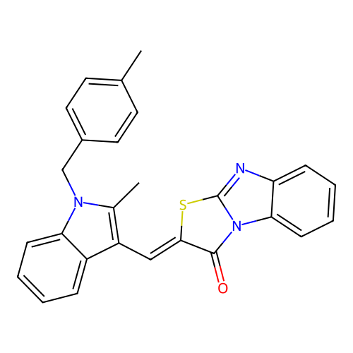 (Z)-2-((2-methyl-1-(4-methylbenzyl)-1H-indol-3-yl)methylene)benzo[4,5]imidazo[2,1-b]thiazol-3(2H)-one structure