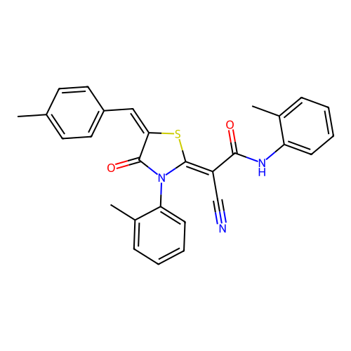 (2Z)-2-cyano-2-[(5E)-5-(4-methylbenzylidene)-3-(2-methylphenyl)-4-oxo-1,3-thiazolidin-2-ylidene]-N-(2-methylphenyl)ethanamide structure