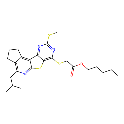 pentyl {[4-(2-methylpropyl)-9-(methylsulfanyl)-2,3-dihydro-1H-cyclopenta[4',5']pyrido[3',2':4,5]thieno[3,2-d]pyrimidin-7-yl]sulfanyl}acetate structure