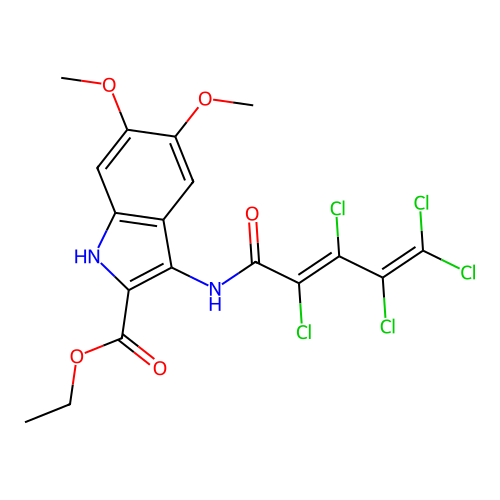 (E)-ethyl 5,6-dimethoxy-3-(2,3,4,5,5-pentachloropenta-2,4-dienamido)-1H-indole-2-carboxylate structure