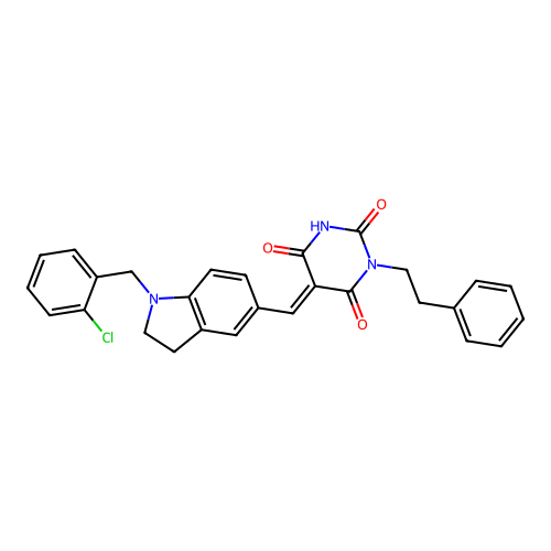 (5E)-5-[[1-[(2-chlorophenyl)methyl]-2,3-dihydroindol-5-yl]methylidene]-1-phenethyl-1,3-diazinane-2,4,6-trione structure