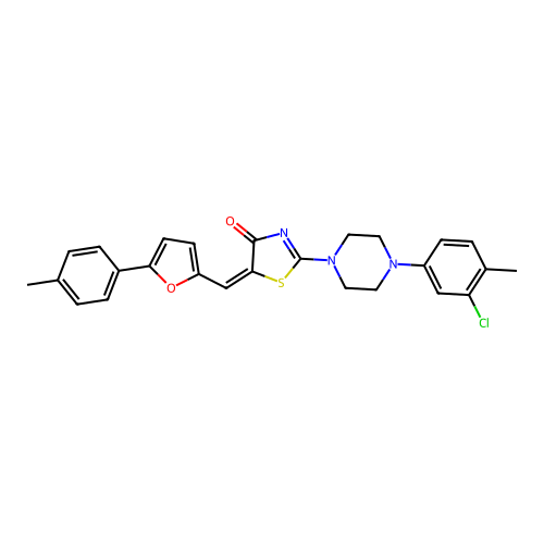 (5E)-2-[4-(3-chloro-4-methylphenyl)piperazin-1-yl]-5-[[5-(4-methylphenyl)furan-2-yl]methylidene]-1,3-thiazol-4-one structure