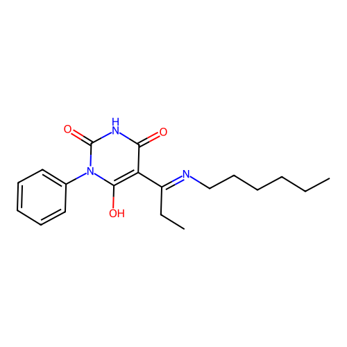 (5E)-5-[1-(hexylamino)propylidene]-6-hydroxy-3-phenylpyrimidine-2,4(3H,5H)-dione structure