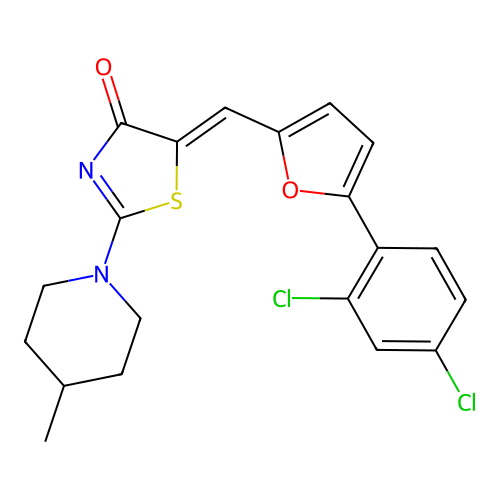 (5Z)-5-[[5-(2,4-dichlorophenyl)furan-2-yl]methylidene]-2-(4-methylpiperidin-1-yl)-1,3-thiazol-4-one structure