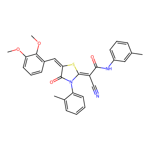(2Z)-2-cyano-2-[(5E)-5-(2,3-dimethoxybenzylidene)-3-(2-methylphenyl)-4-oxo-1,3-thiazolidin-2-ylidene]-N-(3-methylphenyl)ethanamide structure