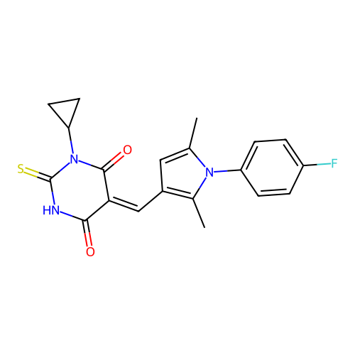(5Z)-1-cyclopropyl-5-[[1-(4-fluorophenyl)-2,5-dimethylpyrrol-3-yl]methylidene]-2-sulfanylidene-1,3-diazinane-4,6-dione structure