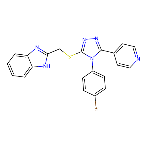 2-[[4-(4-bromophenyl)-5-pyridin-4-yl-1,2,4-triazol-3-yl]sulfanylmethyl]-1H-benzimidazole structure