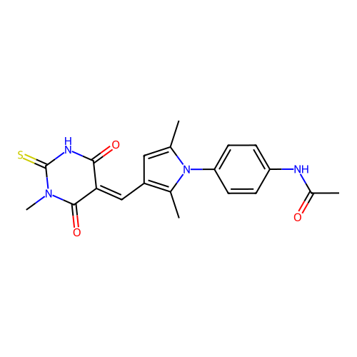 N-(4-{2,5-dimethyl-3-[(E)-(1-methyl-4,6-dioxo-2-thioxotetrahydropyrimidin-5(2H)-ylidene)methyl]-1H-pyrrol-1-yl}phenyl)acetamide structure