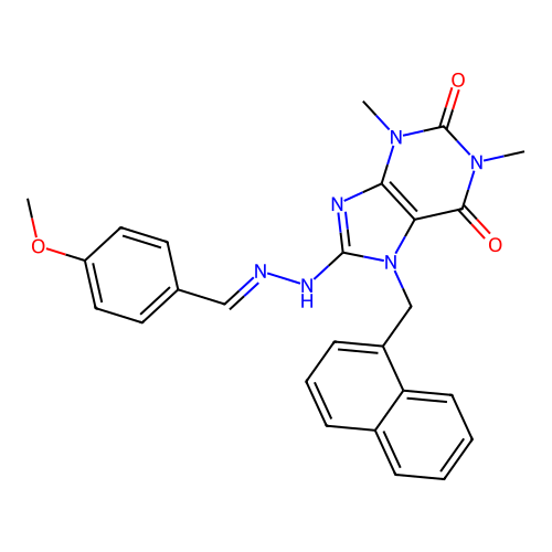 (E)-8-(2-(4-methoxybenzylidene)hydrazinyl)-1,3-dimethyl-7-(naphthalen-1-ylmethyl)-1H-purine-2,6(3H,7H)-dione structure