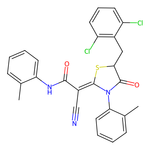 (2Z)-2-cyano-2-[5-(2,6-dichlorobenzyl)-3-(2-methylphenyl)-4-oxo-1,3-thiazolidin-2-ylidene]-N-(2-methylphenyl)ethanamide structure