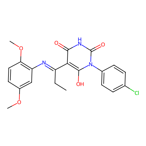 (E)-1-(4-chlorophenyl)-5-(1-((2,5-dimethoxyphenyl)amino)propylidene)pyrimidine-2,4,6(1H,3H,5H)-trione structure
