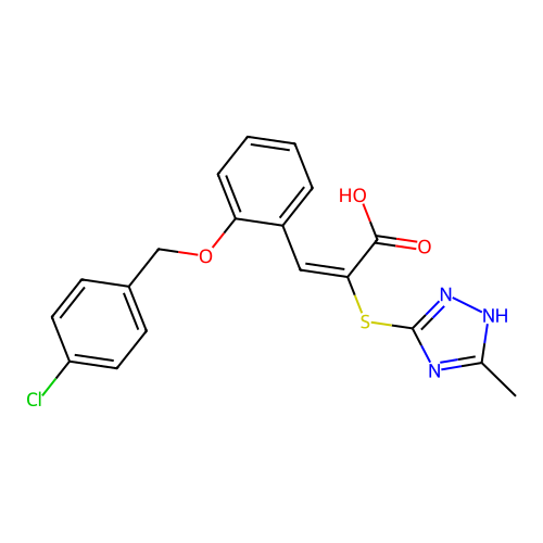 (2E)-3-{2-[(4-chlorobenzyl)oxy]phenyl}-2-[(3-methyl-1H-1,2,4-triazol-4-ium-5-yl)sulfanyl]prop-2-enoate structure