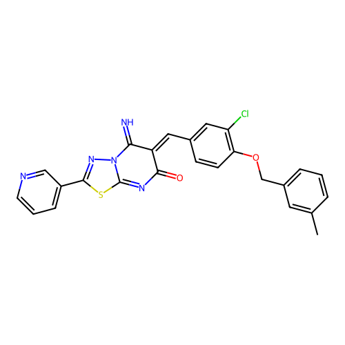 (6Z)-6-[[3-chloro-4-[(3-methylphenyl)methoxy]phenyl]methylidene]-5-imino-2-pyridin-3-yl-[1,3,4]thiadiazolo[3,2-a]pyrimidin-7-one structure