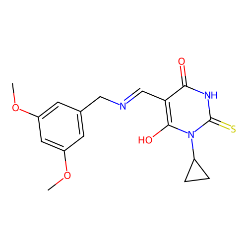 (5E)-1-cyclopropyl-5-[[(3,5-dimethoxyphenyl)methylamino]methylidene]-2-sulfanylidene-1,3-diazinane-4,6-dione structure