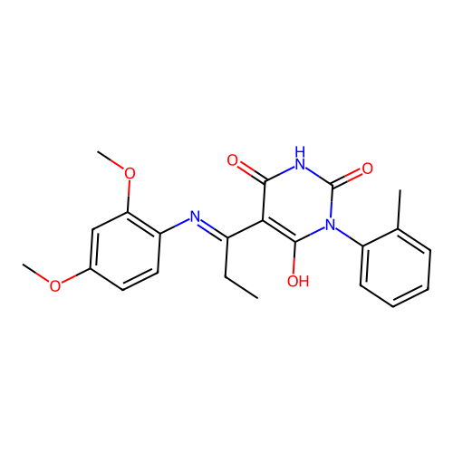 5-[1-(2,4-dimethoxyanilino)propylidene]-1-(2-methylphenyl)-1,3-diazinane-2,4,6-trione structure