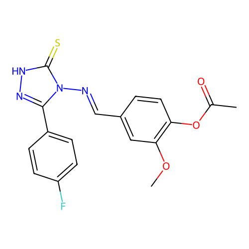 (E)-4-(((3-(4-fluorophenyl)-5-mercapto-4H-1,2,4-triazol-4-yl)imino)methyl)-2-methoxyphenyl acetate structure