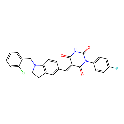(5E)-5-[[1-[(2-chlorophenyl)methyl]-2,3-dihydroindol-5-yl]methylidene]-1-(4-fluorophenyl)-1,3-diazinane-2,4,6-trione structure