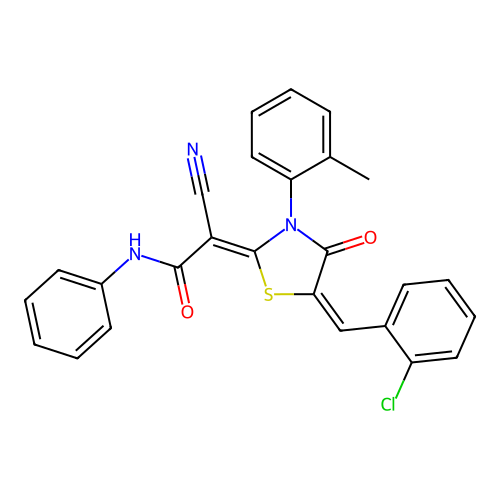 (2Z)-2-[(5E)-5-(2-chlorobenzylidene)-3-(2-methylphenyl)-4-oxo-1,3-thiazolidin-2-ylidene]-2-cyano-N-phenylethanamide structure