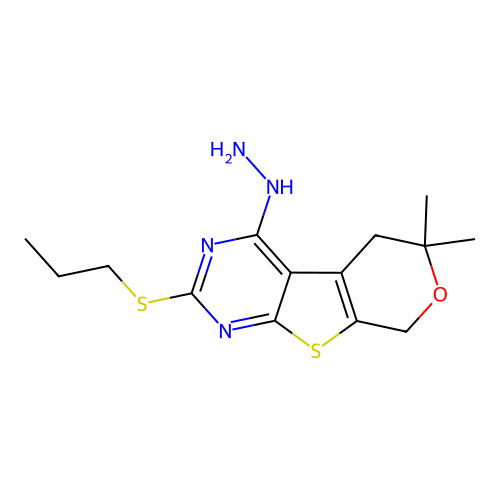 4-hydrazinyl-6,6-dimethyl-2-(propylsulfanyl)-5,8-dihydro-6H-pyrano[4',3':4,5]thieno[2,3-d]pyrimidine structure