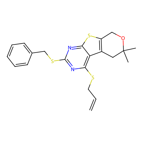 2-(benzylsulfanyl)-6,6-dimethyl-4-(prop-2-en-1-ylsulfanyl)-5,8-dihydro-6H-pyrano[4',3':4,5]thieno[2,3-d]pyrimidine structure