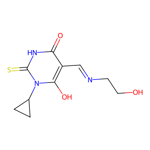 1-cyclopropyl-5-[(2-hydroxyethylamino)methylidene]-2-sulfanylidene-1,3-diazinane-4,6-dione structure