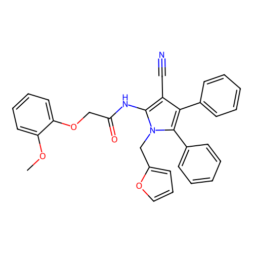 N-[3-cyano-1-(2-furylmethyl)-4,5-diphenyl-pyrrol-2-yl]-2-(2-methoxyphenoxy)acetamide structure