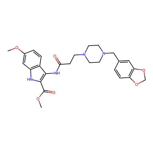 methyl 3-({3-[4-(1,3-benzodioxol-5-ylmethyl)piperazin-1-yl]propanoyl}amino)-6-methoxy-1H-indole-2-carboxylate structure