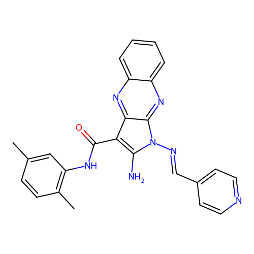 (E)-2-amino-N-(2,5-dimethylphenyl)-1-((pyridin-4-ylmethylene)amino)-1H-pyrrolo[2,3-b]quinoxaline-3-carboxamide structure