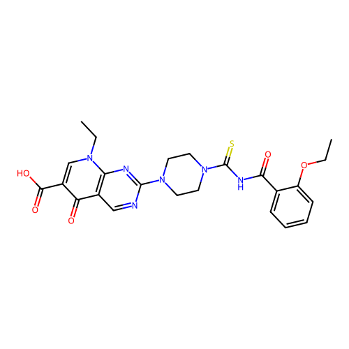2-(4-{[(2-ethoxyphenyl)carbonyl]carbamothioyl}piperazin-1-yl)-8-ethyl-5-oxo-5,8-dihydropyrido[2,3-d]pyrimidine-6-carboxylic acid structure