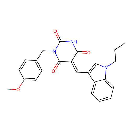 (E)-1-(4-methoxybenzyl)-5-((1-propyl-1H-indol-3-yl)methylene)pyrimidine-2,4,6(1H,3H,5H)-trione structure