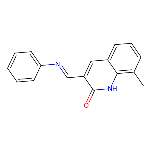 (E)-8-methyl-3-((phenylimino)methyl)quinolin-2-ol structure