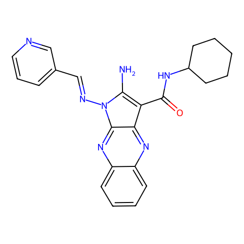 (E)-2-amino-N-cyclohexyl-1-((pyridin-3-ylmethylene)amino)-1H-pyrrolo[2,3-b]quinoxaline-3-carboxamide structure