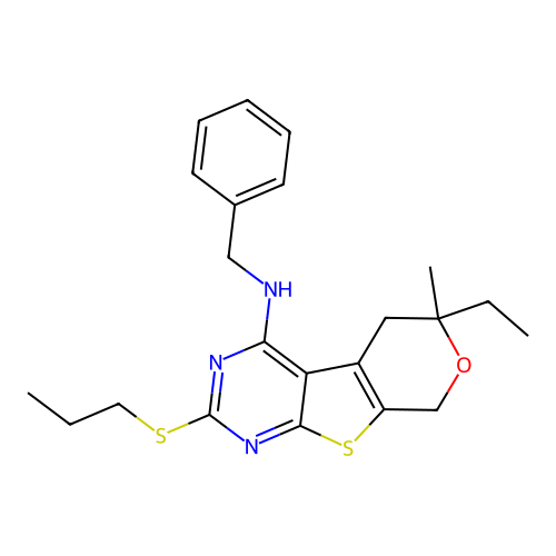 N-benzyl-6-ethyl-6-methyl-2-(propylsulfanyl)-5,8-dihydro-6H-pyrano[4',3':4,5]thieno[2,3-d]pyrimidin-4-amine structure
