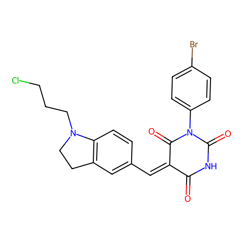 (5Z)-1-(4-bromophenyl)-5-[[1-(3-chloropropyl)-2,3-dihydroindol-5-yl]methylidene]-1,3-diazinane-2,4,6-trione structure
