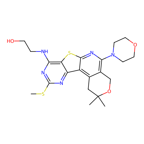 2-((2,2-dimethyl-10-(methylthio)-5-morpholino-2,4-dihydro-1H-pyrano[4'',3'':4',5']pyrido[3',2':4,5]thieno[3,2-d]pyrimidin-8-yl)amino)ethanol structure