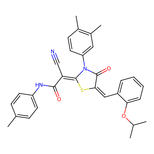 (2Z)-2-cyano-2-[(5E)-3-(3,4-dimethylphenyl)-4-oxo-5-[(2-propan-2-yloxyphenyl)methylidene]-1,3-thiazolidin-2-ylidene]-N-(4-methylphenyl)acetamide structure