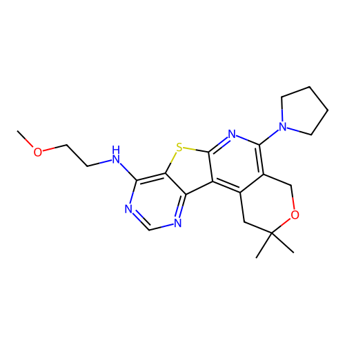 N-(2-methoxyethyl)-2,2-dimethyl-5-(pyrrolidin-1-yl)-1,4-dihydro-2H-pyrano[4'',3'':4',5']pyrido[3',2':4,5]thieno[3,2-d]pyrimidin-8-amine structure