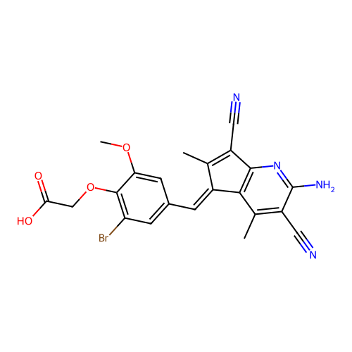 (E)-2-(4-((2-amino-3,7-dicyano-4,6-dimethyl-5H-cyclopenta[b]pyridin-5-ylidene)methyl)-2-bromo-6-methoxyphenoxy)acetic acid structure