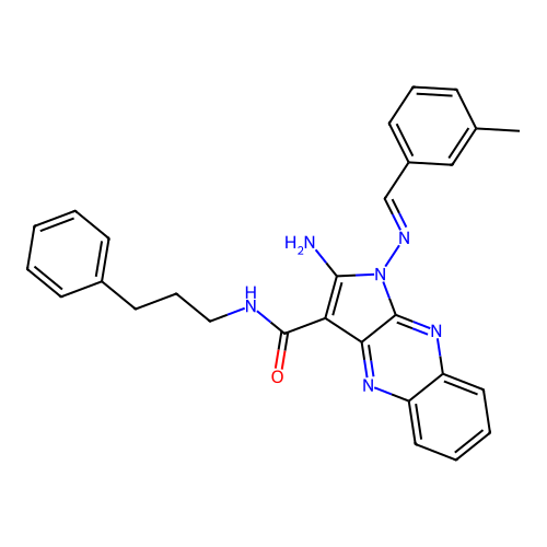 (E)-2-amino-1-((3-methylbenzylidene)amino)-N-(3-phenylpropyl)-1H-pyrrolo[2,3-b]quinoxaline-3-carboxamide structure